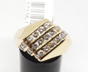 Gold ring with rows of sparkling diamonds.