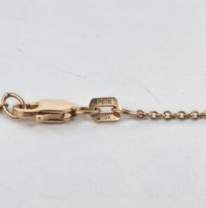 Gold chain with clasp and small tag.