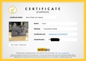 Certificate of authenticity for a Gucci bag.