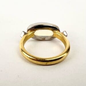 Gold ring with silver setting, white background.