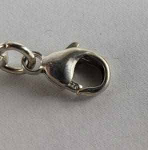 Silver lobster clasp on white background.