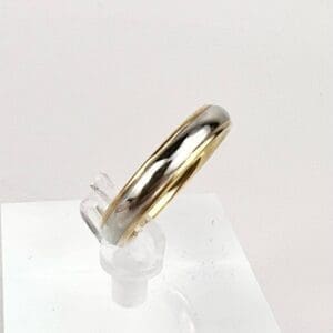 Gold and silver ring on display stand.
