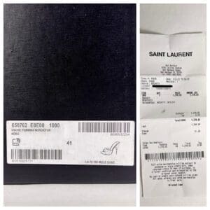 Saint Laurent receipts and product label displayed.