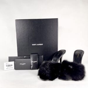 Saint Laurent shoes with packaging and accessories.