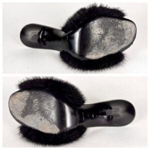 Worn black fur slippers with scuffed soles.
