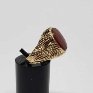 Gold ring with red stone display.