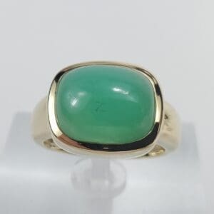 Gold ring with green gemstone on display.