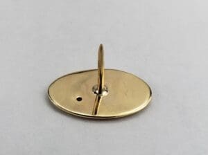 Gold oval-shaped pin on surface.