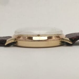 Gold watch with brown leather strap.