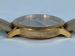 Side view of a gold wristwatch.
