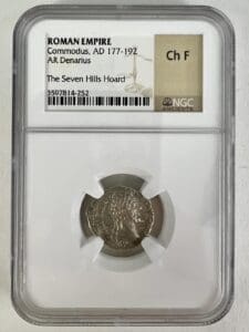 Roman coin of Commodus in case.