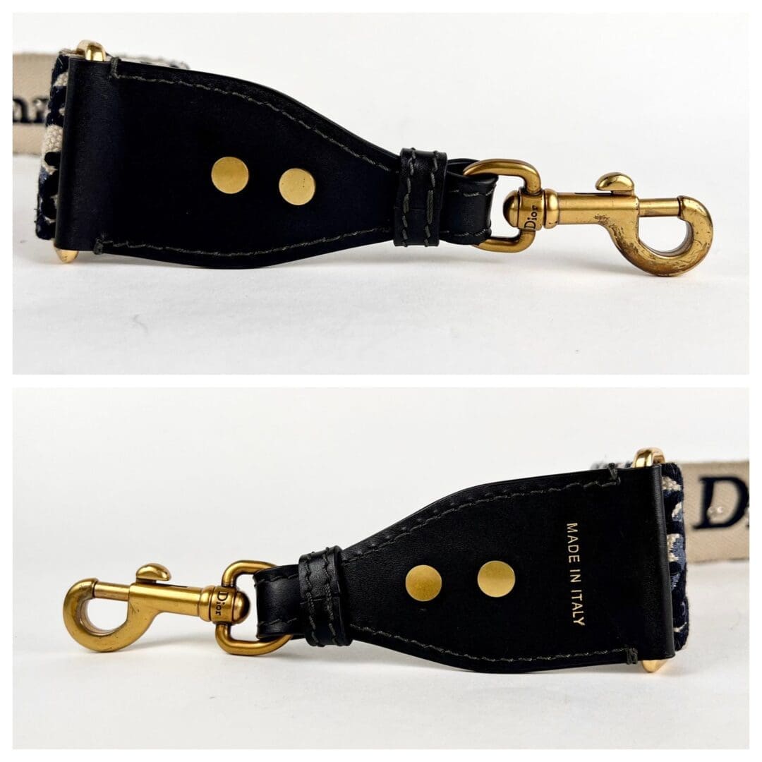 Black leather strap with gold clasp.
