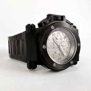 Black luxury wristwatch with silver dial.