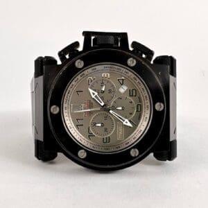 Black and silver wristwatch with multiple dials.