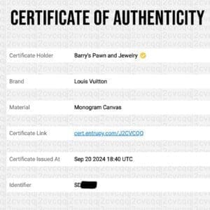 Louis Vuitton authenticity certificate with details.