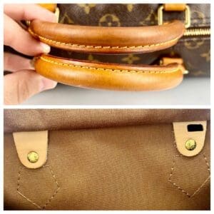 Brown leather handbag handles and interior stitching.