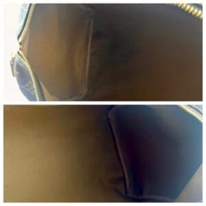 Open handbag interior with dark lining.