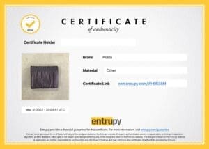 Certificate of authenticity for Prada item.