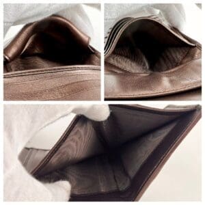 Open brown leather wallet interior views.