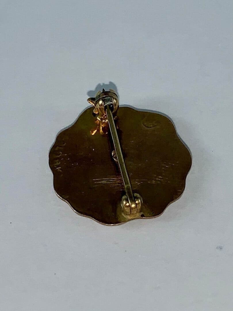 Back of a gold-colored brooch pin.