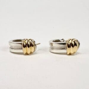 Silver and gold hoop earrings on display.
