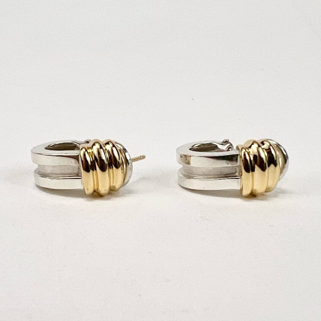 Silver and gold hoop earrings on display.