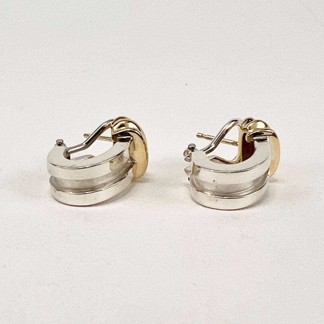 Silver and gold hoop earrings on display.