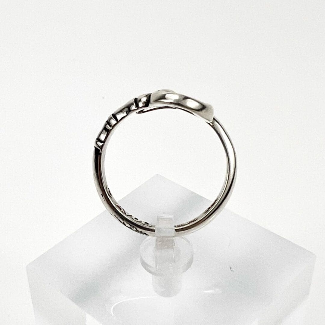 Silver ring on clear display stand.