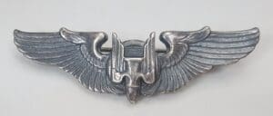 Silver military pilot wings insignia badge.
