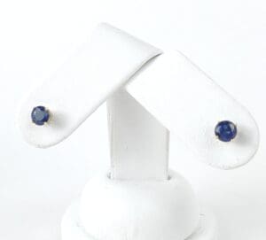 Blue gemstone stud earrings on white stand.