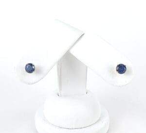 Blue gemstone stud earrings on display stand.