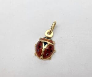 Gold ladybug pendant on white background.