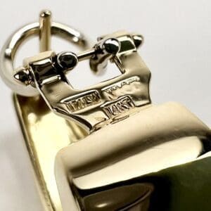 Close-up of a shiny metal buckle.
