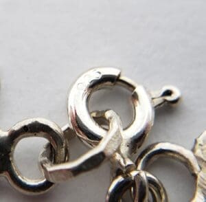Close-up of a silver chain clasp.