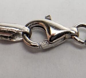 Silver lobster clasp on a chain.