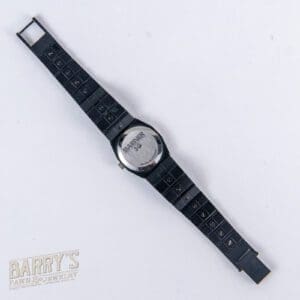 Black wristwatch with Marvel logo on back.