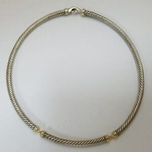 Silver twisted necklace with gold accents.