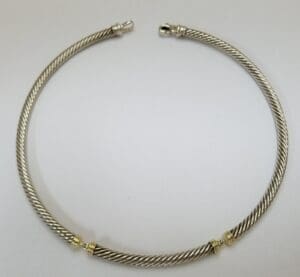 Silver twisted necklace with gold accents.