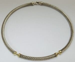 Silver twisted wire necklace with gold accents.