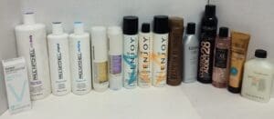 Various hair care products arranged in a row.