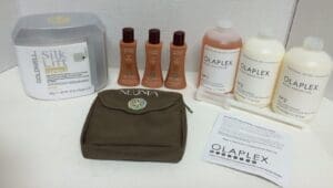 Haircare products assortment including Olaplex bottles.