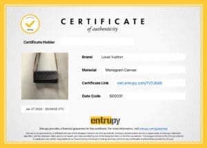 Certificate of authenticity for Louis Vuitton item.