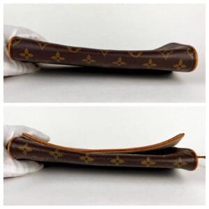 Brown patterned clutch, side view comparison.