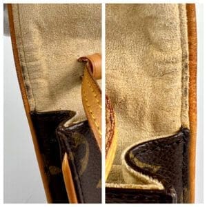 Close-up of worn leather bag interior.