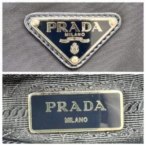Prada Milano logo on black fabric background.