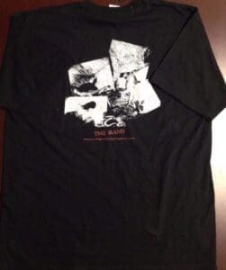 Black t-shirt with abstract graphic design.