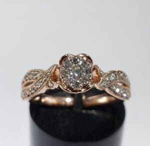 Diamond ring with intricate band design.