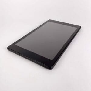 Black tablet on white background.