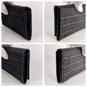 Black patterned wallet, four different angles.