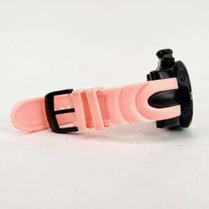 Pink adjustable GoPro mount on white background.